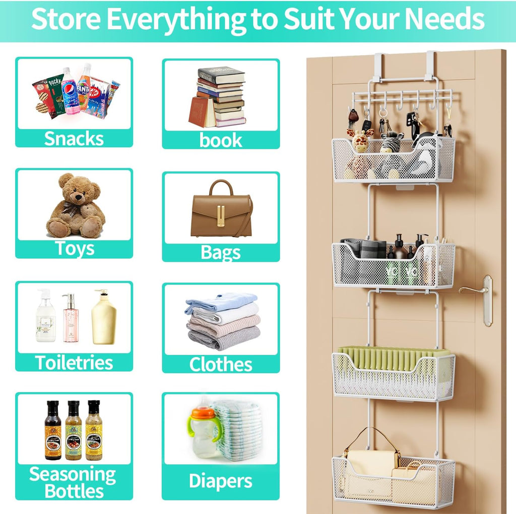 HapiRm Over Door Organizer Storage - Hanging Door Organizer with 4 Metal Large Capacity Baskets and Adjustable Coat Hook for Bathroom Bedroom Kitchen Pantry Closet Cabinet