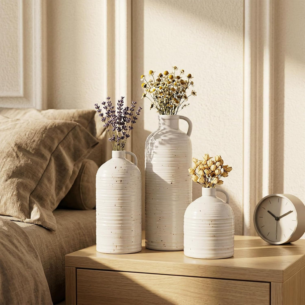 Firehold Ceramic Vase Set of 3 with Handles, Rustic Farmhouse Flower Vases
