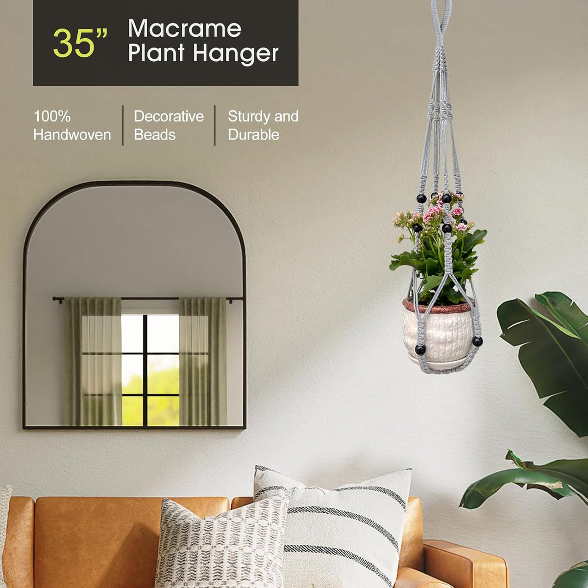 RIFNY Macrame Plant Hanger Indoor, Hanging Plant Holder, Grey, 2 PCS