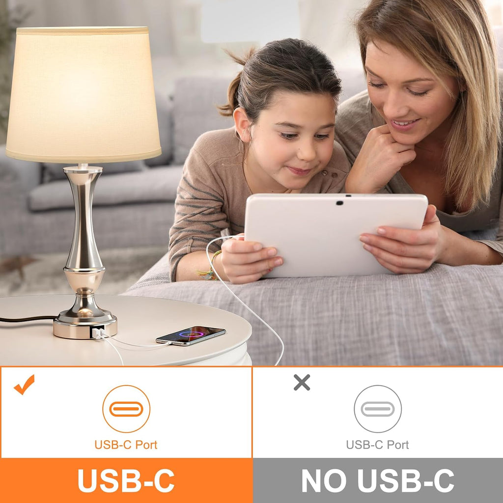Seealle Upgraded Touch Lamps for Night Stands Set of 2 - Bedside Lamps with USB C+A, 3 Way Dimmable for Bedroom Living Room End Tables Office (White&Nickel)
