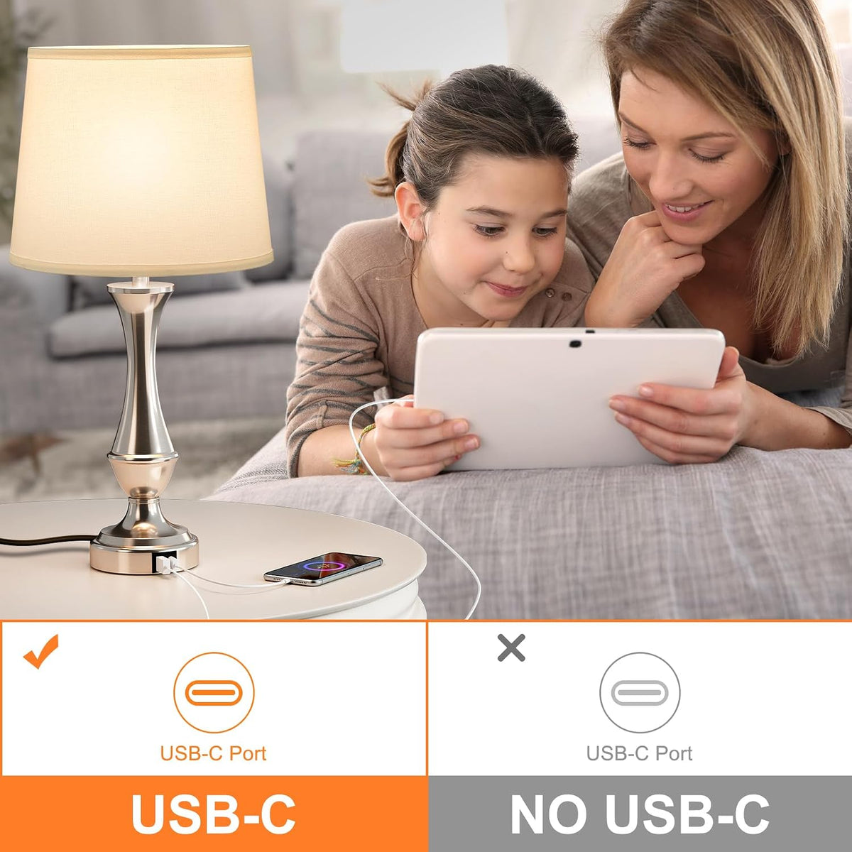 Seealle Upgraded Touch Lamps for Night Stands Set of 2 - Bedside Lamps with USB C+A, 3 Way Dimmable for Bedroom Living Room End Tables Office (White&Nickel)