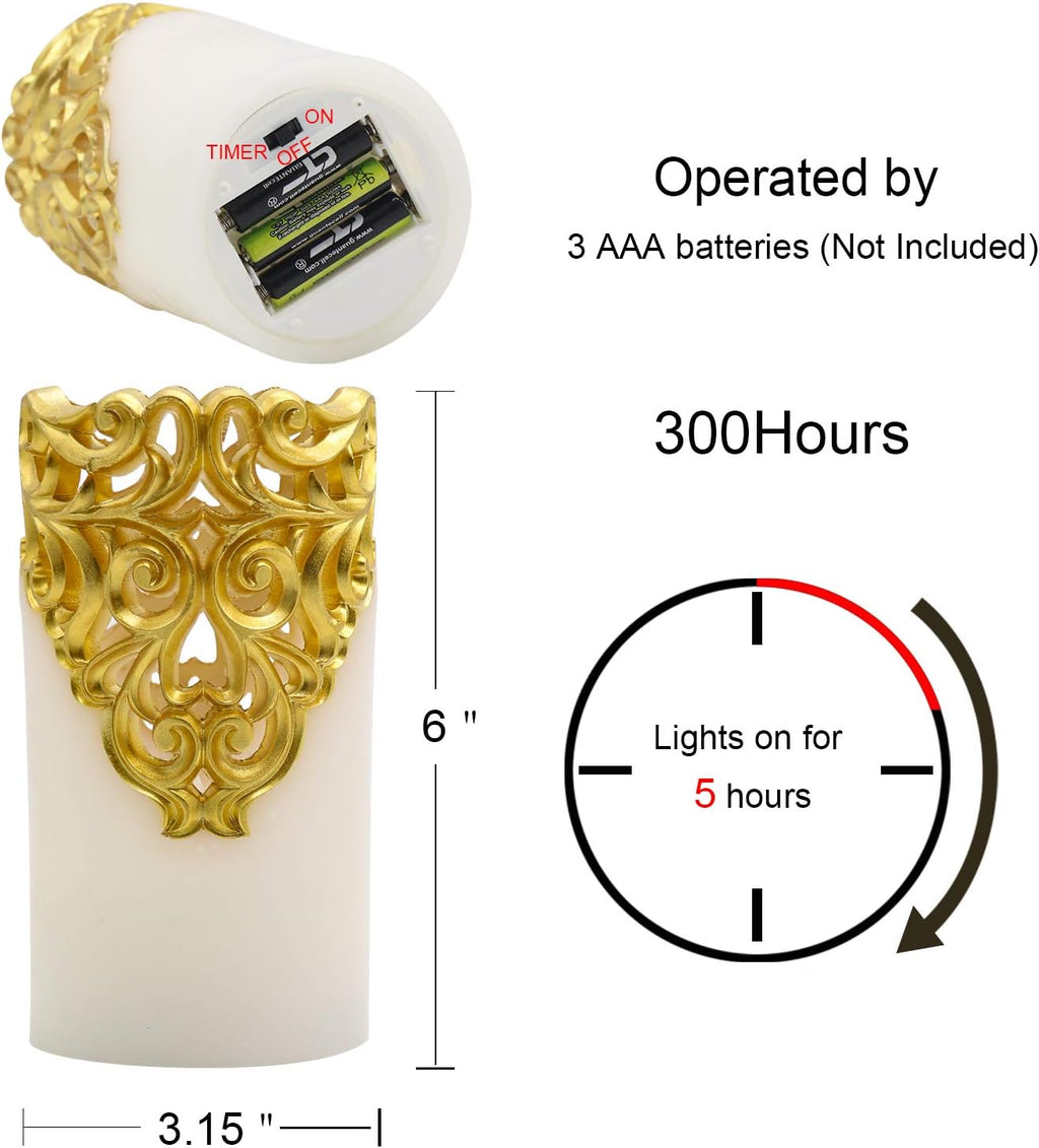 Eldnacele Gold Hollow Flameless Pillar Candles with 5H Timer