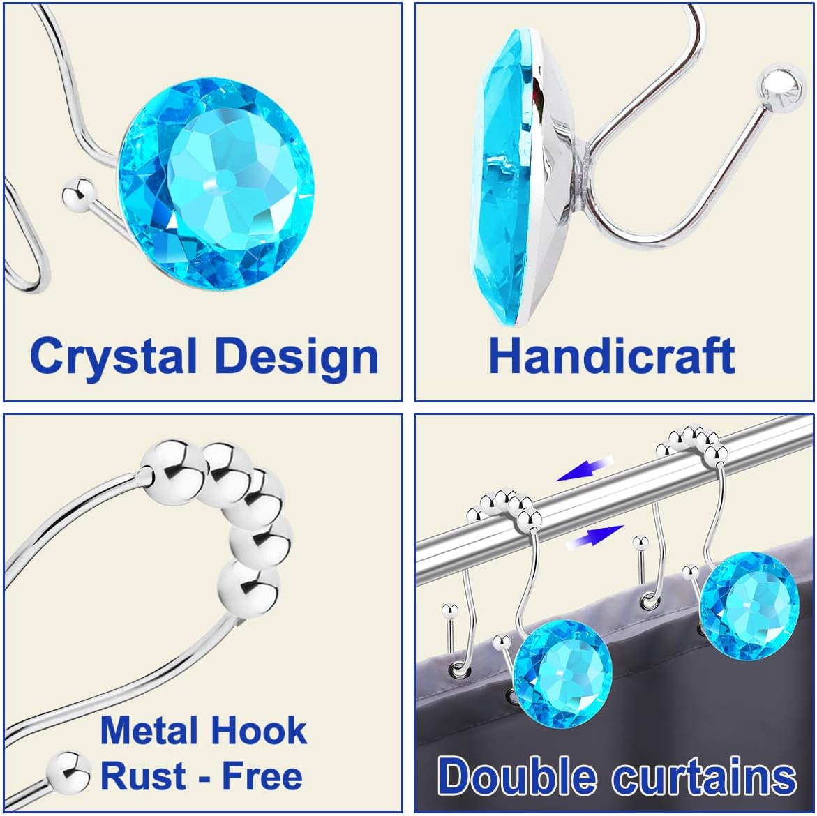 Shower Curtain Hooks Rings for Bathroom, 12PCS Double Hooks Glide Anti Rust Crystal Rhinestones Shower Curtain Rings Hangers for Shower Curtains, Clothing, Towels, etc. (Aqua Blue)