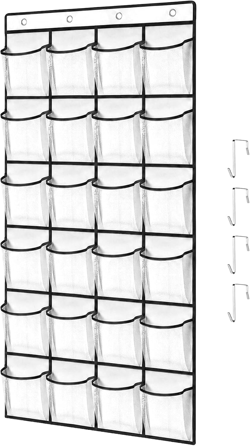24 Pockets Over The Door Shoe Organizer, Large Breathable Mesh Hanging Shoe Rack with 4 Metal Hooks, Space Saving White Over Door Shoe Storage Holder Mesh Bag for Closet Entryway Bedroom Pantry
