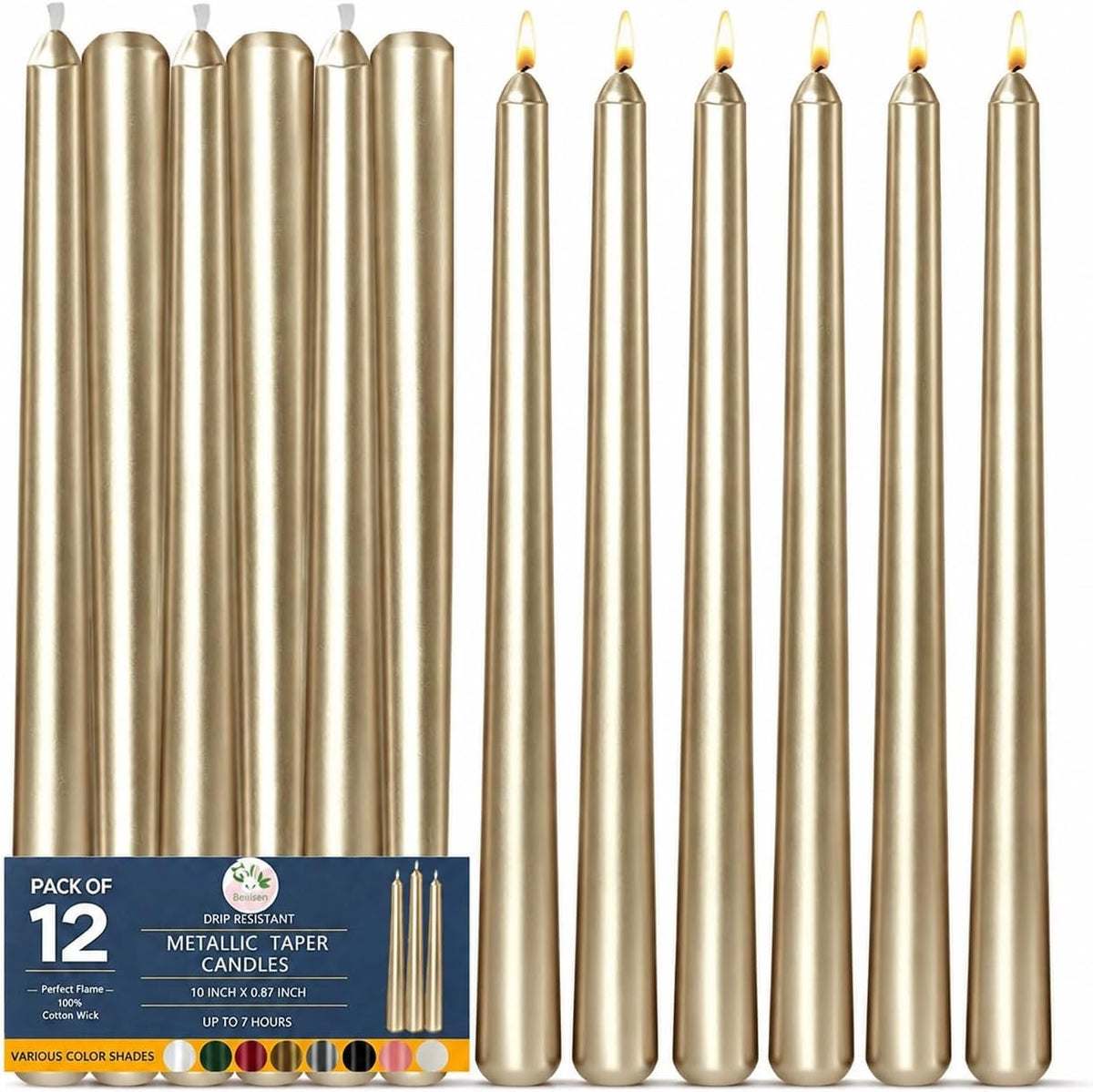 Champagne Gold Taper Candles 10 Inch, 12 Pack Metallic Unscented