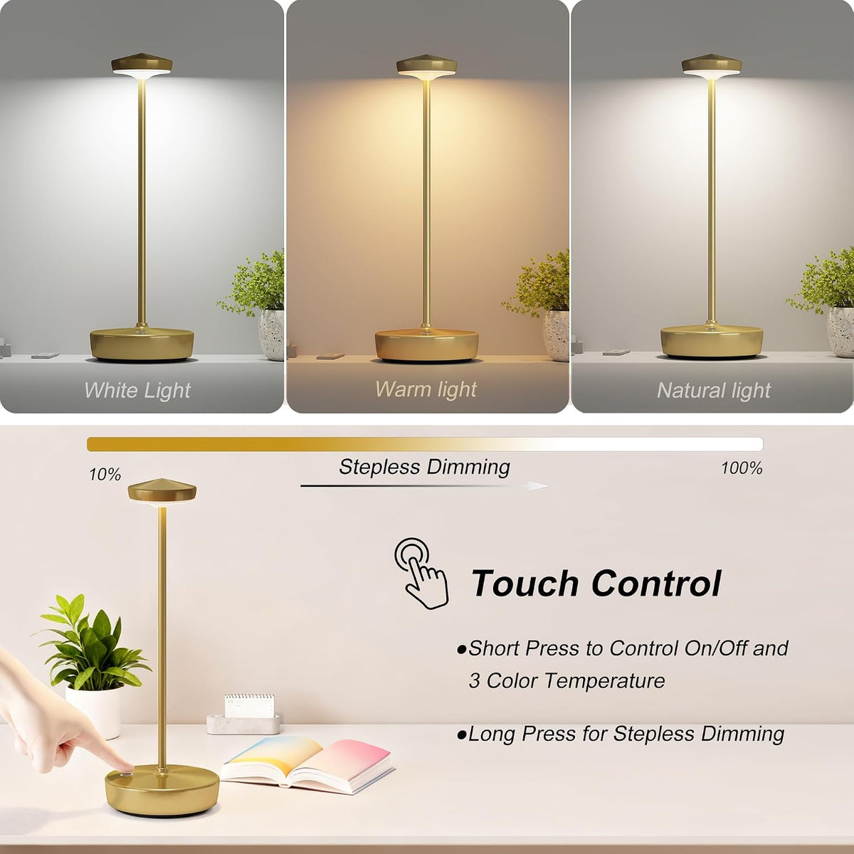 2 Pack Rechargeable Cordless Table Lamps, 5000mAh LED Portable Table Light with 3 Color Stepless Dimming, Battery Powered Waterproof Table Lamp for Outdoor/Restaurant/Home/Dinner (Brushed Gold)