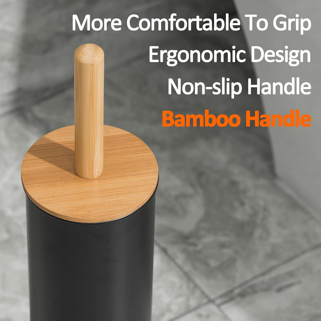 Toilet Bowl Brush and Holder, Toilet Brush with Bamboo Handle and Covered Holder, Dual Brush Options, Weighted Metal Base (Black)