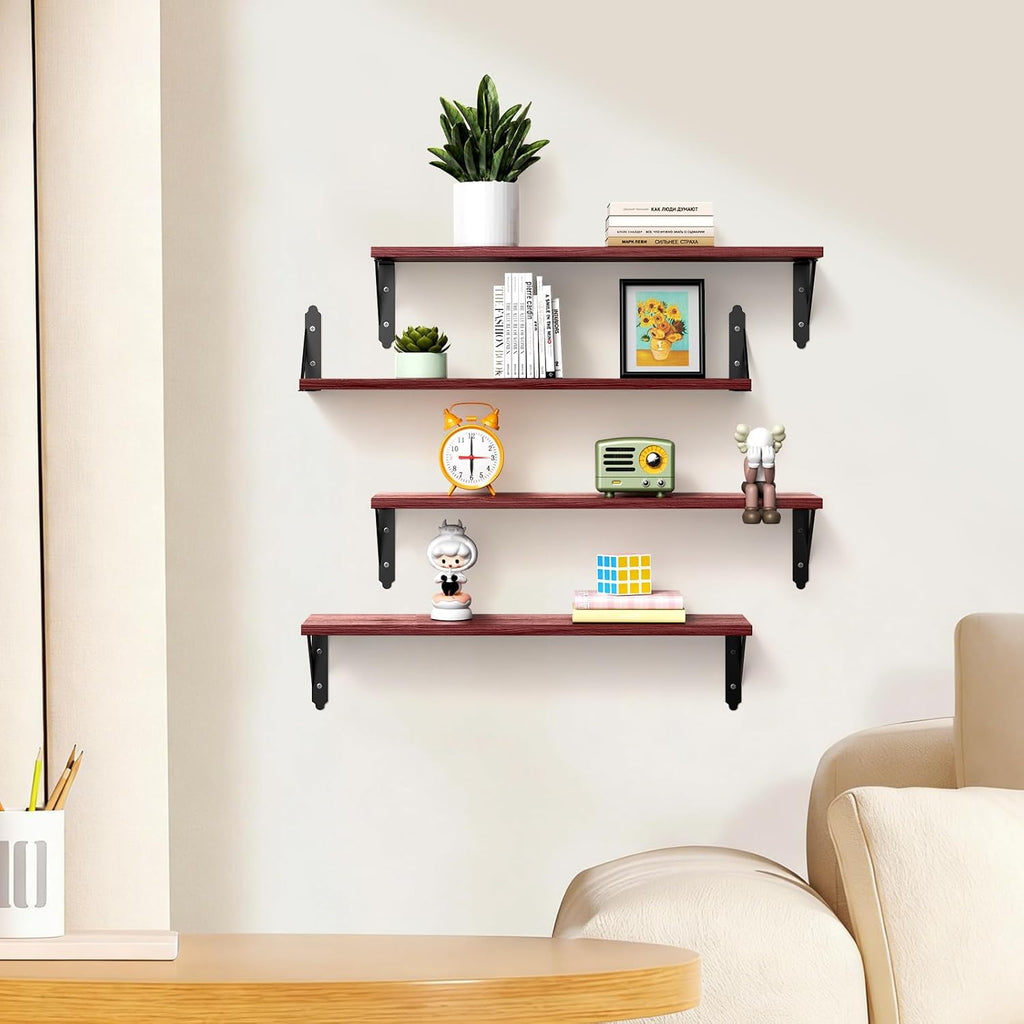 ROMGUAR CRAFT Wood Wall Floating Shelves Set of 4, 23.6" x 6" - Red