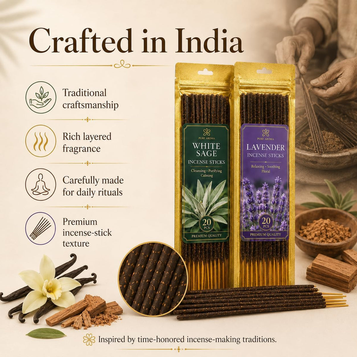 RAINFLOW Natural Incense Sticks - 80 White Sage Sandalwood Lavender Vanilla