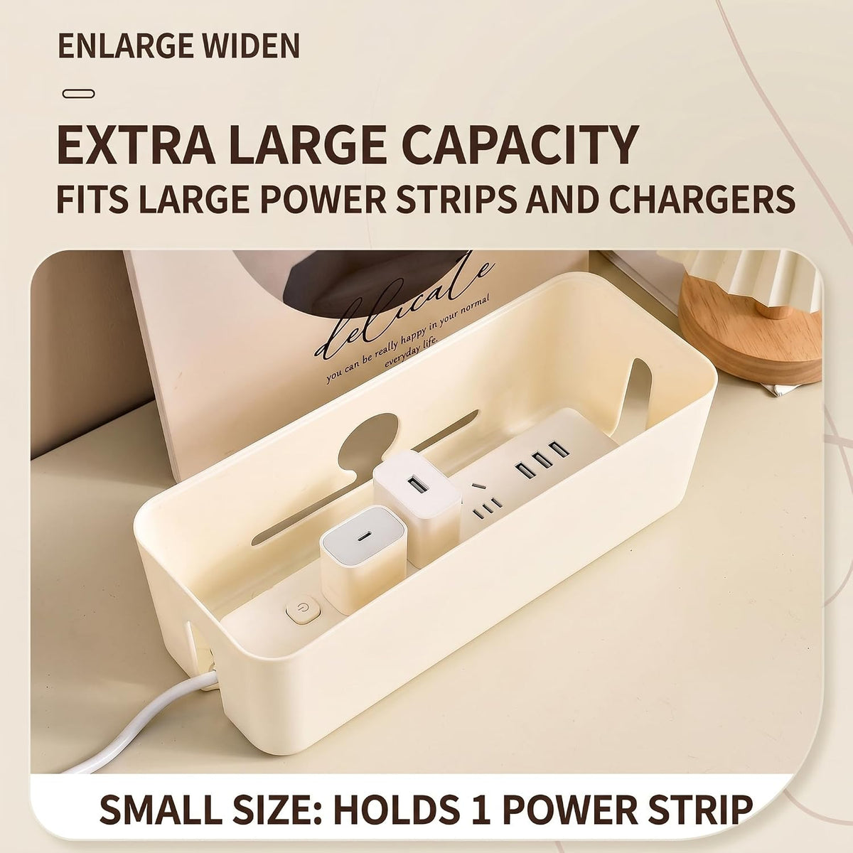 Cable Management Box, Dust-Proof & Heat Dissipation Cord Organizer, Hide Power Strips and Messy Wires, 11.8" (L) x 4.3" (W) x 4.5" (H), Home Office Desk Accessories, Includes 3 Stickers & Straps