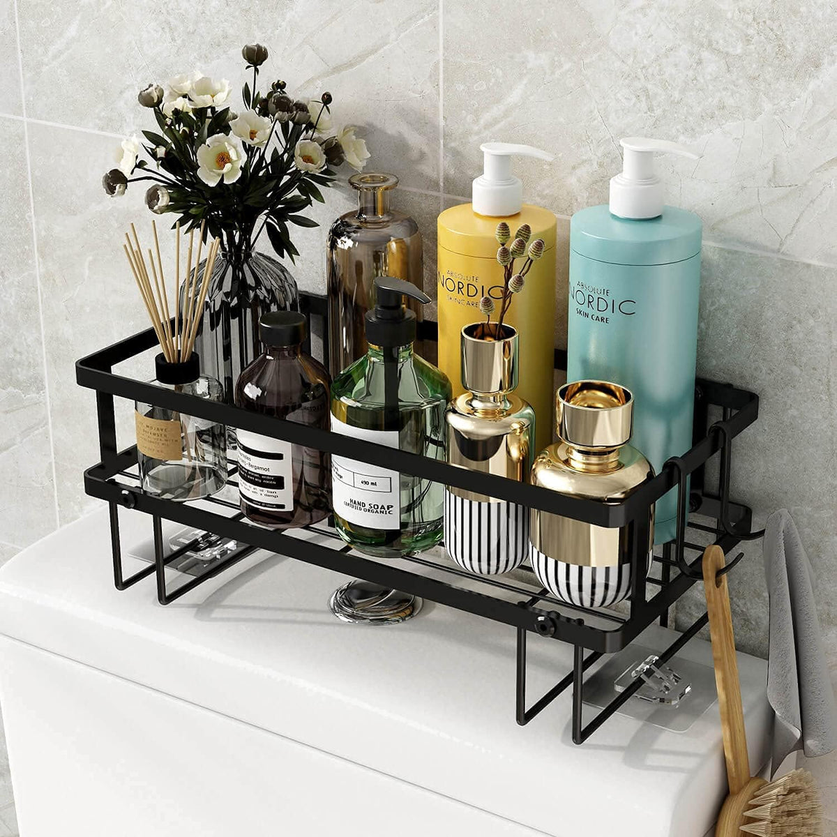 Godboat 1-Tier Over Toilet Storage - Wall-Mount Bathroom Shelf with 2 Hook