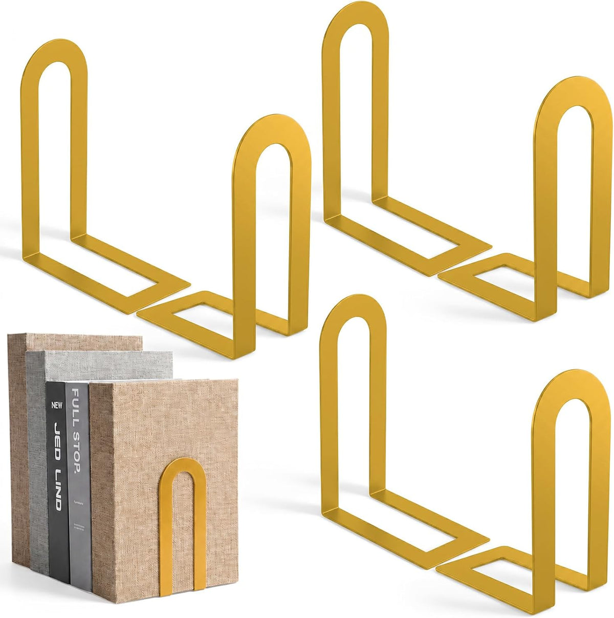 6 Pcs Modern Metal Bookends for Shelves, 5.5 x 3.75 x 2.25inch, Gold