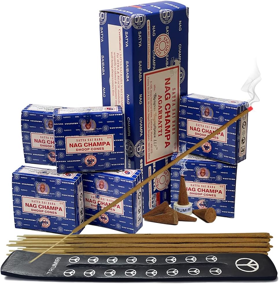 Nag Champa Incense Sticks 250g and Cones Variety Pack with Burner Holder Bundle from Satya Incense 250g Trumiri for Smudging and Aroma