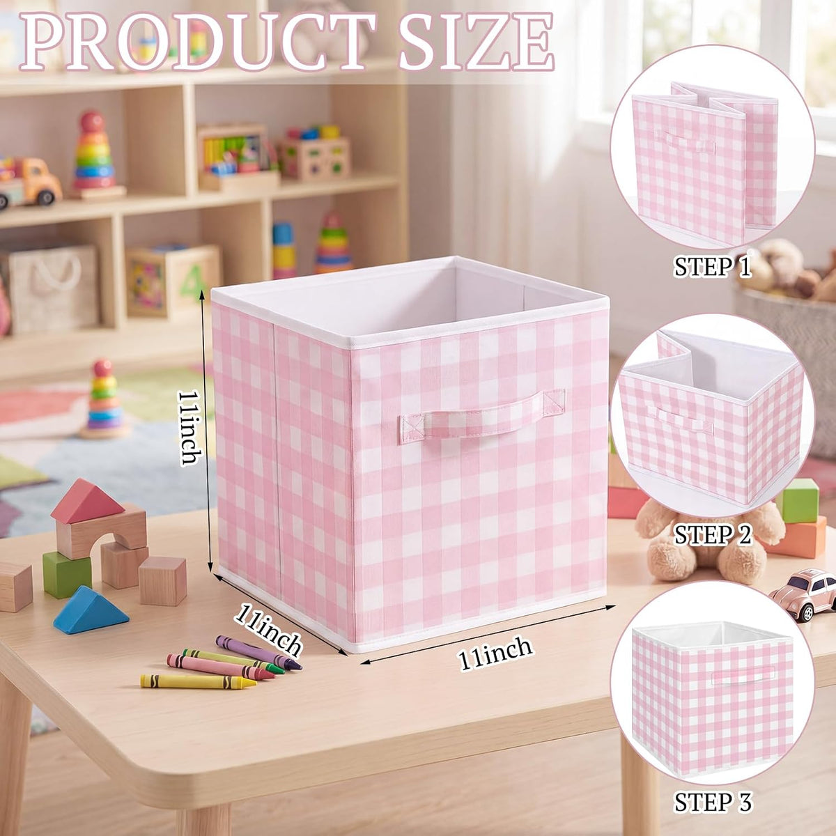 Yalikop 6 Pcs Pink Gingham Cube Storage Bins, 11 Inch Fabric Checkered Classroom Storage Bins Organizer with Handle Preppy Collapsible Cubby Basket for Classroom Home Nursery Playroom Bedroom