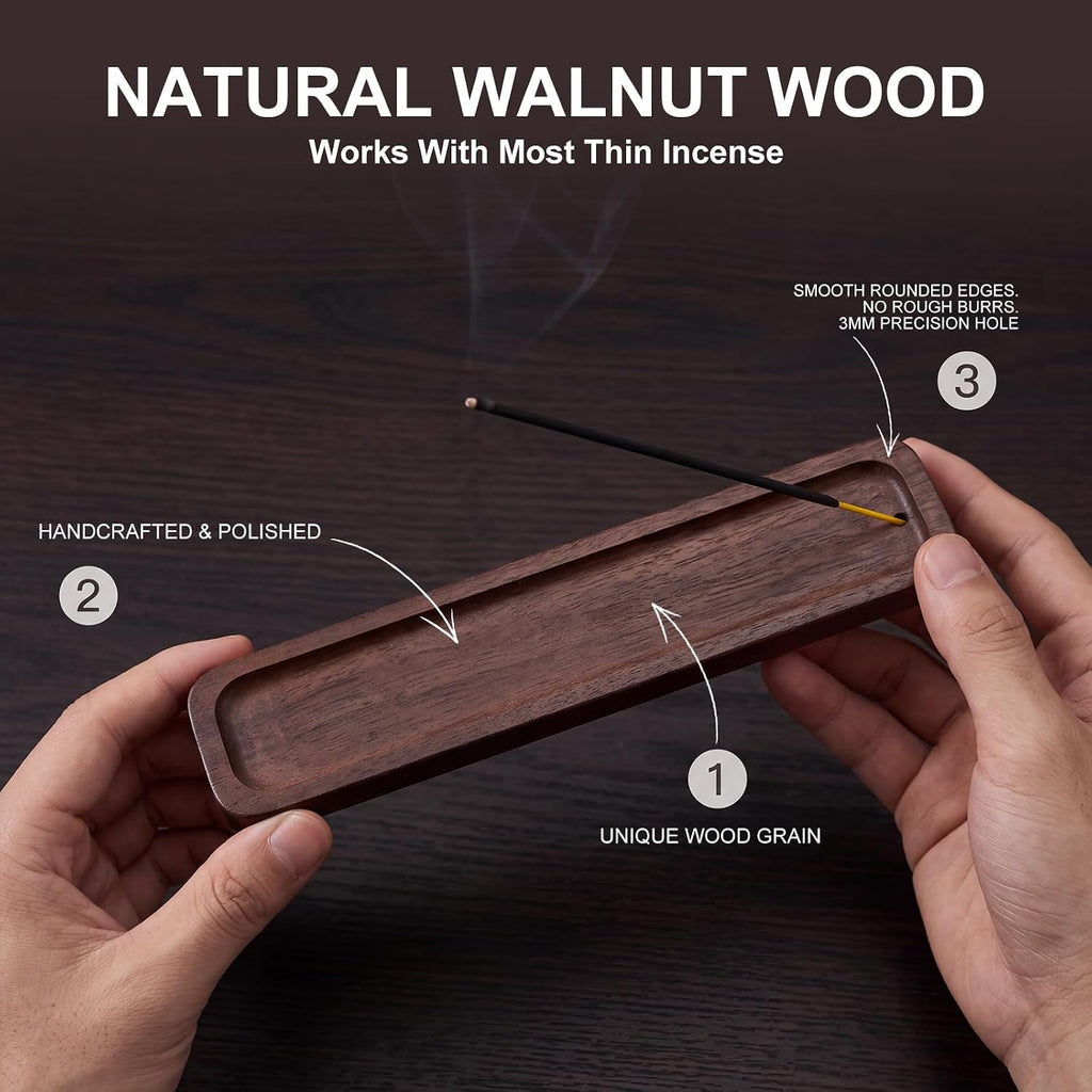 Handcrafted Walnut Wood Incense Holder, 3mm Hole Stick Burner with Large Ash Catcher, Minimalist Home Decor for Yoga Meditation, Ideal Aromatherapy Gift