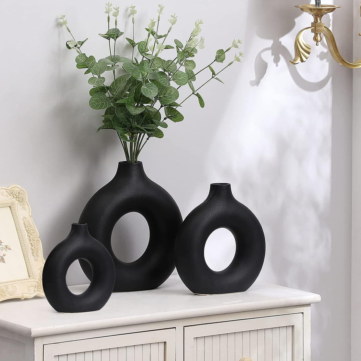 Black Ceramic Vases -for Modern Home Decor,Black Round Vase Set 3 Matte Design Minimalist Nordic Boho Style for Wedding Dinner Table Living Room Office Bedroom, Decorative Gift
