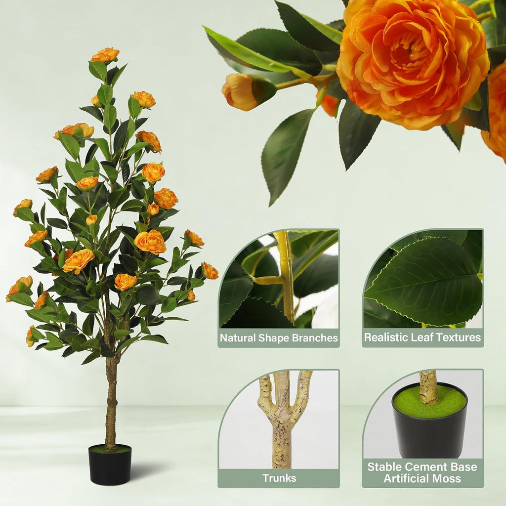 2-Pack 4FT Artificial Camellia Tree,Realistic Fake Potted Plants with Flowers&Planters,Indoor/Outdoor Faux Flowering Trees for Home,Office,Porch,Wedding,and Housewarming Gift Decor,Orange