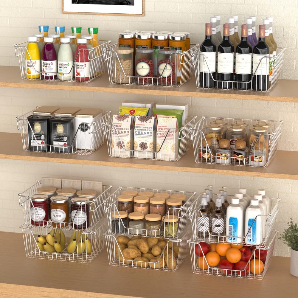 Slideep Stackable Storage Baskets Stainless Steel Cabinet Organizer Sturdy Metal Wire Pantry Freezer Bin for Pantry Home Bathroom Kitchen Organization 6 Packs