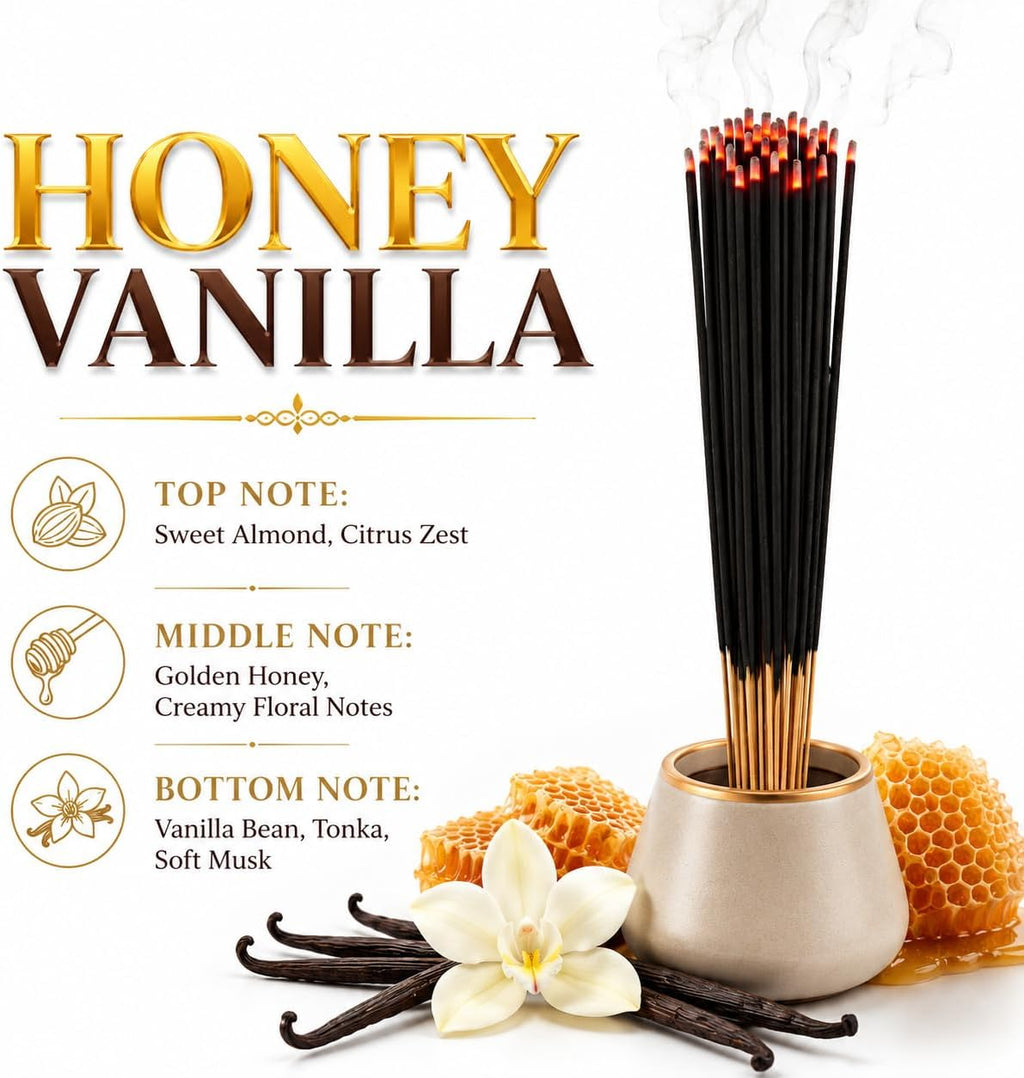Honey Vanilla Incense Sticks 11" - 1 Bundle 85 to 100 Sticks - Smooth and Clean Long Burn Time, 45 to 60 Minutes.