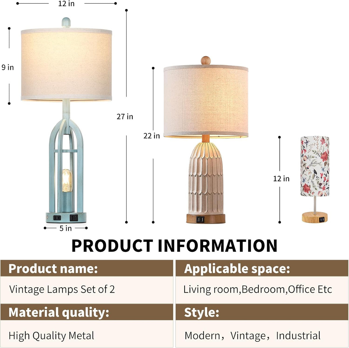 27" Farmhouse Table Lamps for Living Room,Blue Vintage Lamps Set of 2 with USB A+C Charging Ports & AC Outlet, Retro Nightstand Lamp with Fabric Shade for Bedroom, Entryway(4 Bulbs Included)