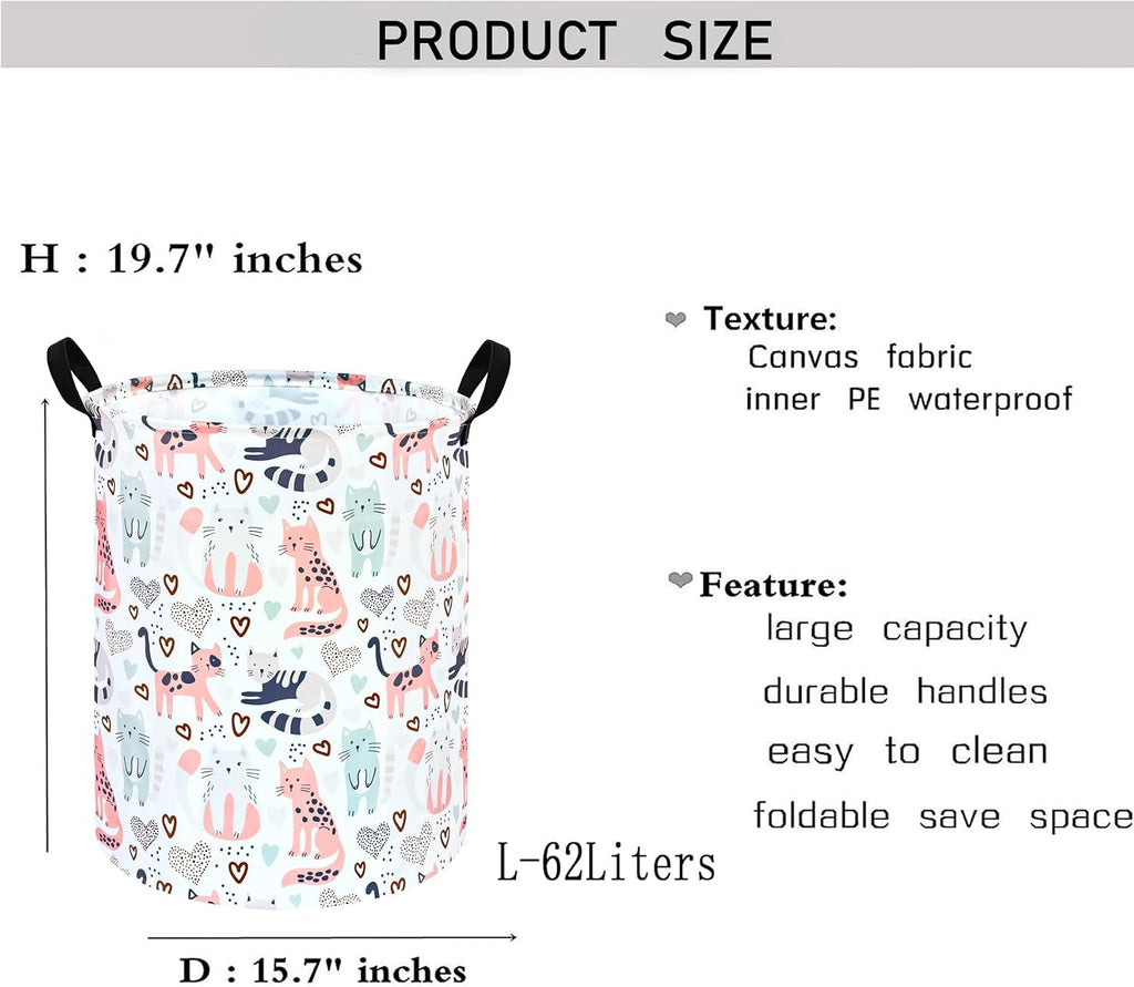 Kids Laundry Hamper Clothes Gift Basket Storage Laundry Baskets Organizer Bin with Handles for Nursery Room (Cat)