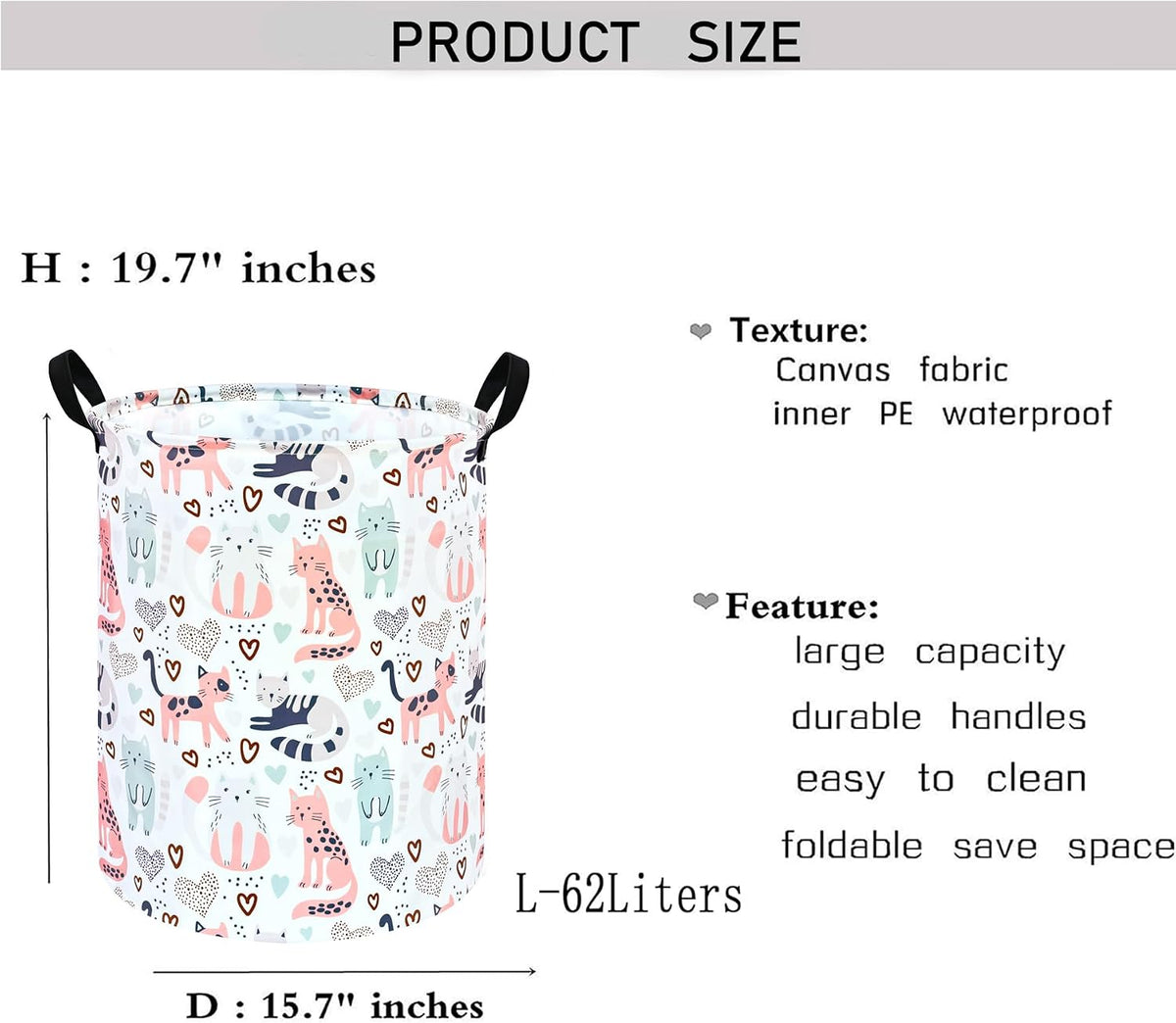 Kids Laundry Hamper Clothes Gift Basket Storage Laundry Baskets Organizer Bin with Handles for Nursery Room (Cat)