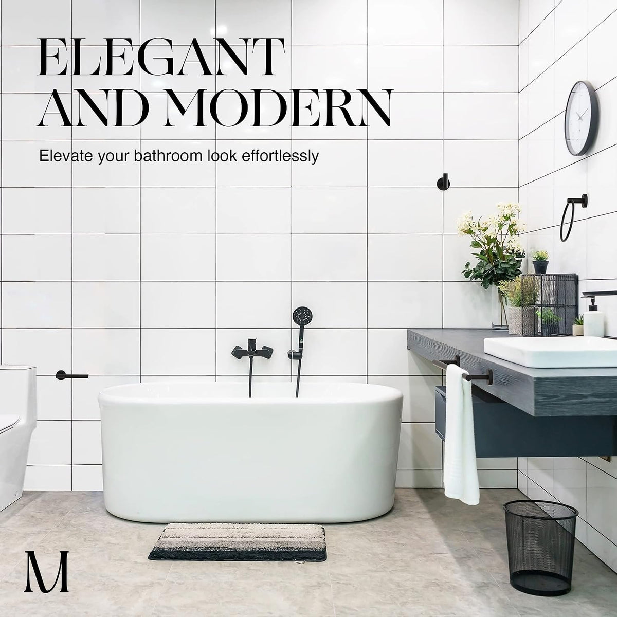 Marmolux Acc - 4 Piece Matte Black Bathroom Hardware Set - Towel Rack Set, Towel Holder & Wall Mounted Fixtures - Stainless Steel Matte Black Accessories
