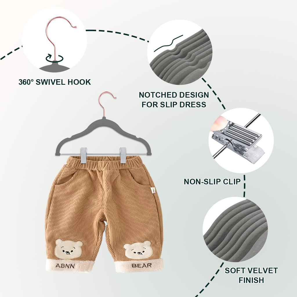 Baby Velvet Hangers with Clips Non-Slip for Clothes Gray 14 Pack