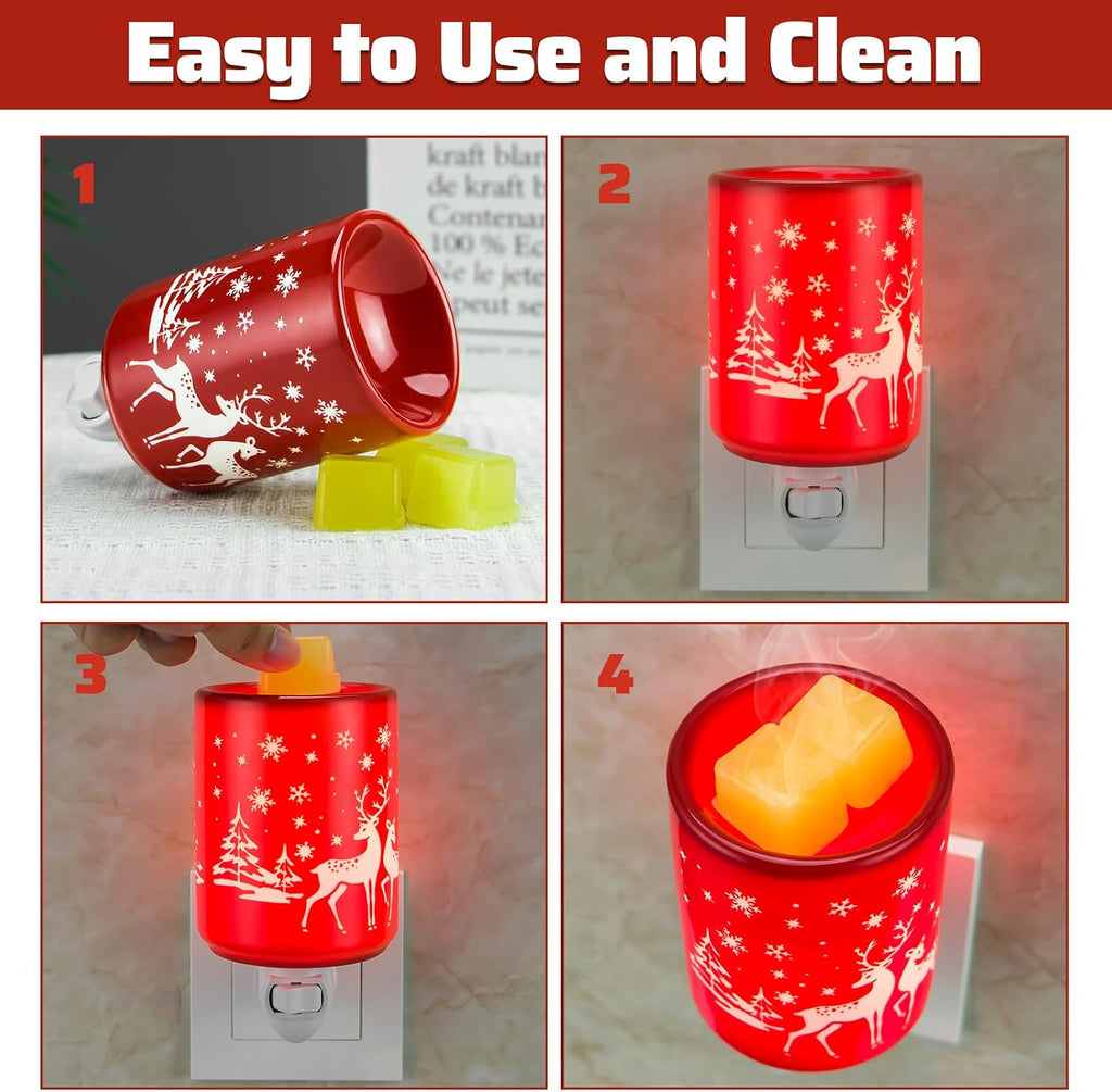 STAR MOON Pluggable Fragrance Ceramic Wax Melt Night Light Warmer for Christmas Decoration No fire Hazard Packed with Two Bulbs - Abrasive Red Reindeer