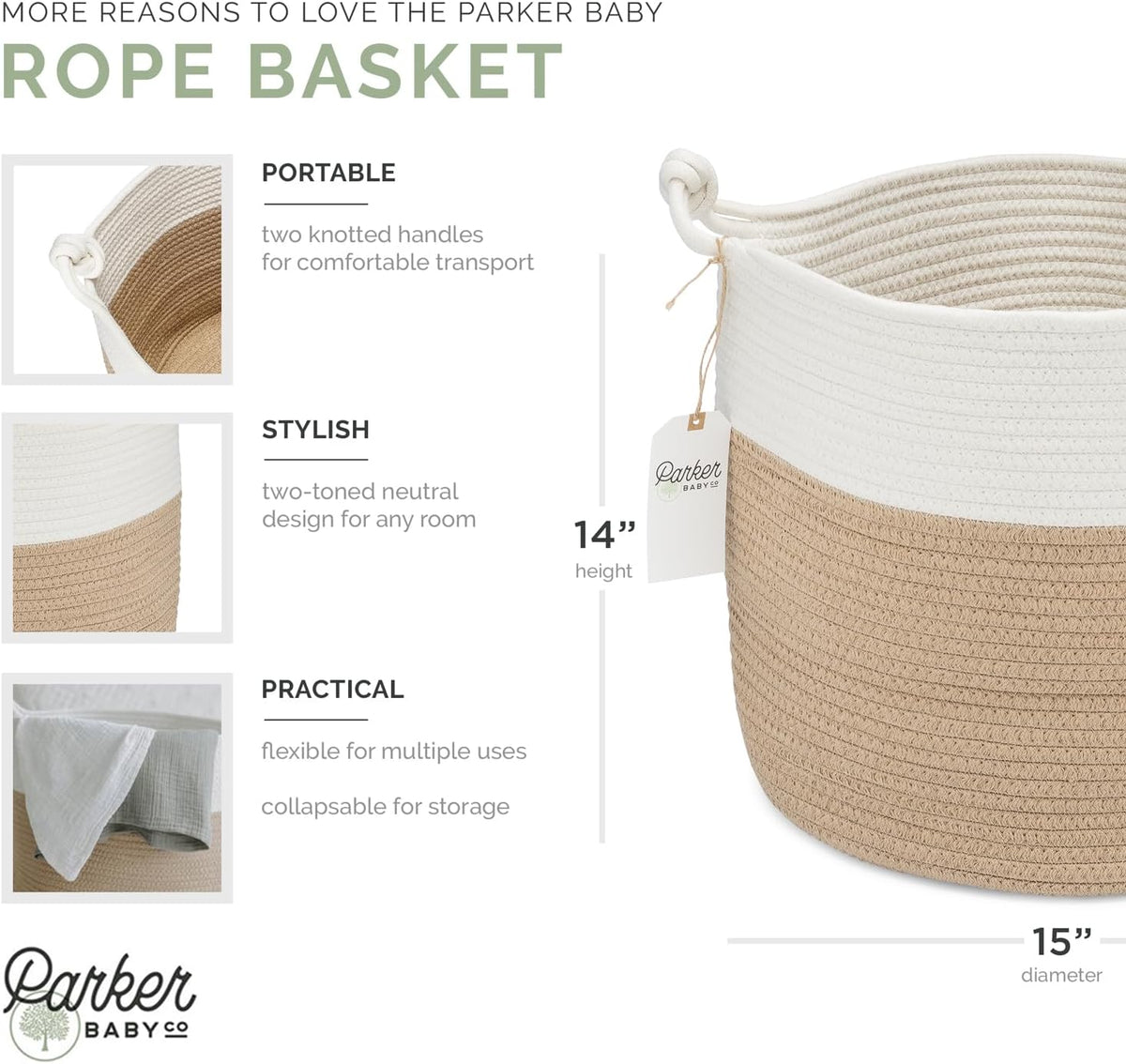 Parker Baby Co. Rope Storage Basket, Large Nursery Storage Bin - White/Tan