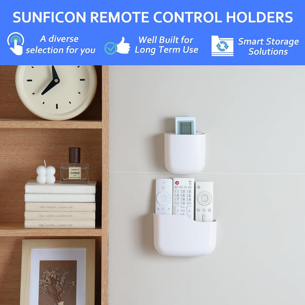 Remote Holder Wall Mount TV FAN Remote Control Holder Bedside Caddy Wall Organizer Phone Holder for Office Adhesive Media Player Controller Holder Box Tray Home Desk Nightstand 2 BIG 2 SMALL WHITE