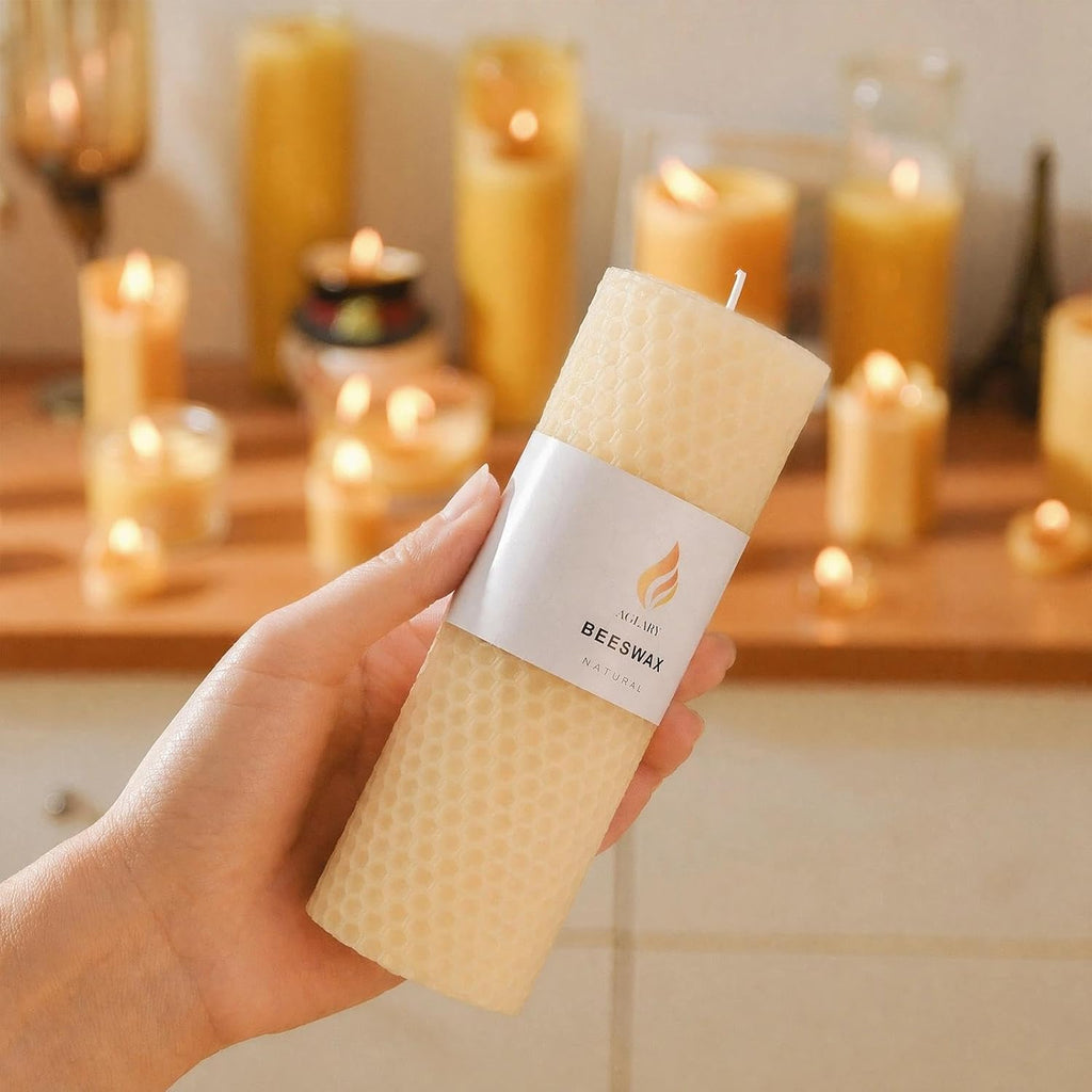 6-Pack 2x6 Beeswax Pillar Candles, Hand-Rolled Honeycomb Candle, Off-White