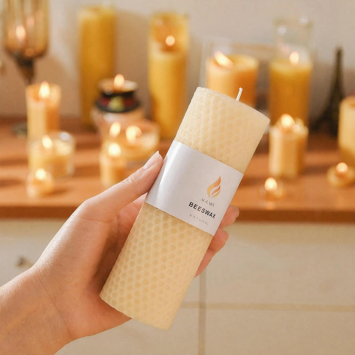 6-Pack 2x6 Beeswax Pillar Candles, Hand-Rolled Honeycomb Candle, Off-White