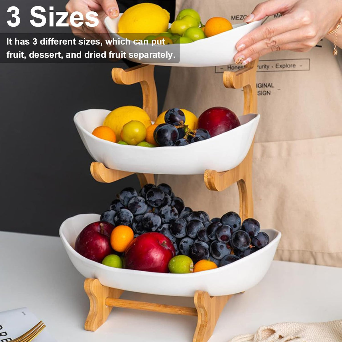 jessie 3 Tiered Fruit Bowls Wooden Stand Ceramics Tiered Tray Decor Serving Fruit Cup Cake Dessert for Party Wedding Farmhouse (Porcelain)
