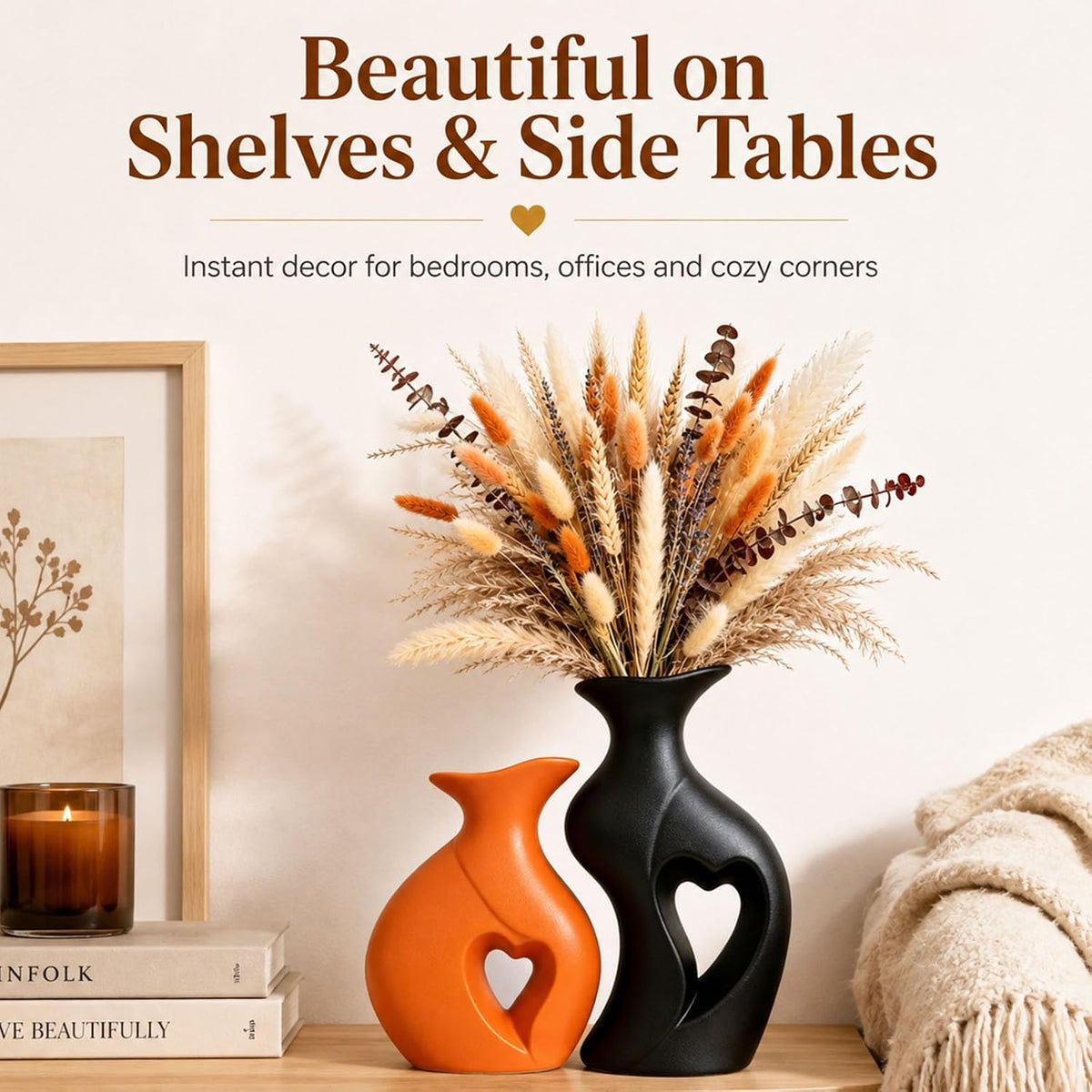 Fall Ceramic Vases Heart Shaped Vase Set of 2 (Orange & Black)