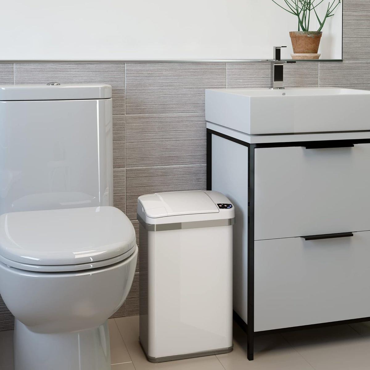 iTouchless 4 Gallon Bathroom Trash Can with Odor Control, Automatic Motion Sensor Bin, Soft-Close Stainless Steel, Slim Wastebasket for Narrow Spaces, White