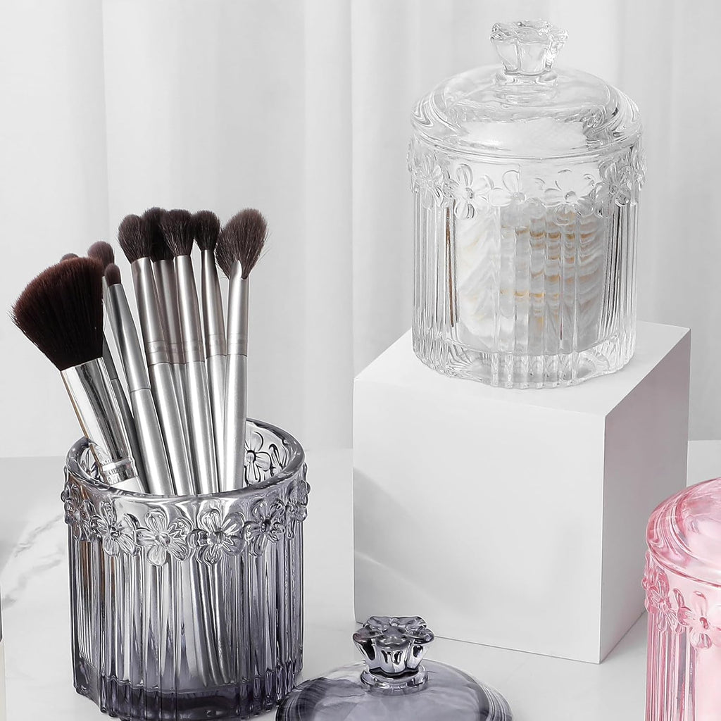 rejomiik 2 Pack Qtip Holder Glass Apothecary Jars with Lids, Gray