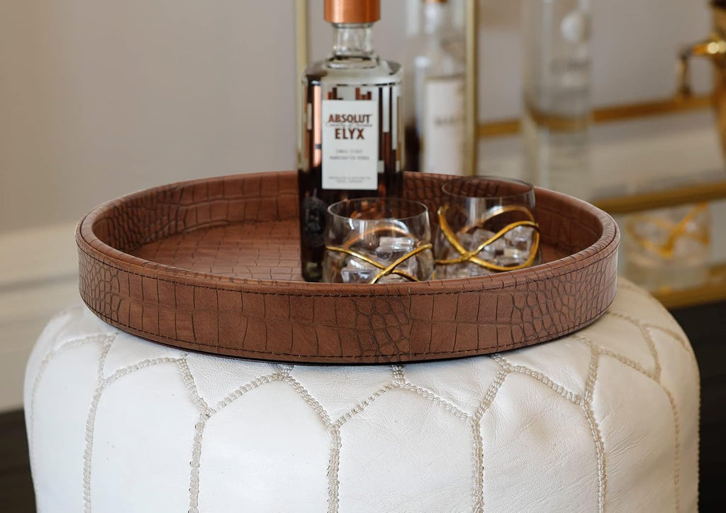 HofferRuffer Faux Leather Round Serving Tray, Vegan Croco Leather Decorative Food Tray for Storage Drinks, Snack & Cosmetics, Dia.12'' x 1.6'' (Antique Brown)