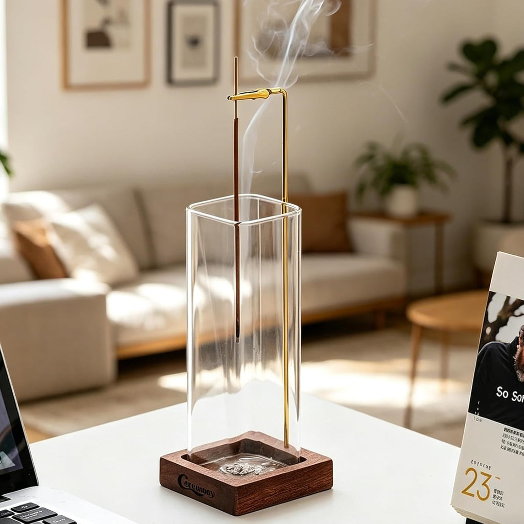 Ceremony Incense Holder, Wooden Incense Burner with Glass Ash Catcher (Transprent Square, One Glass)
