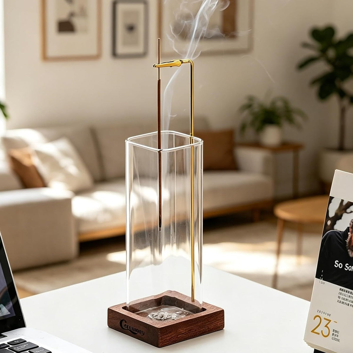 Ceremony Incense Holder, Wooden Incense Burner with Glass Ash Catcher (Transprent Square, One Glass)