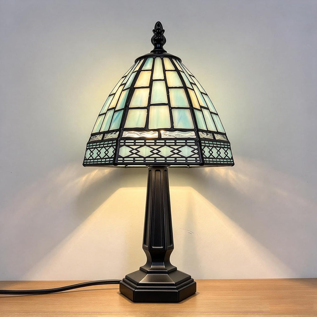 Small Tiffany Style Table Lamp,3 Color Temperature Grid Blue Stained Glass Table Lamps,Bedside Nightstand Night Light for Bedroom,Living Room, Dining Room W/LED Bulb,6X6X13Inch