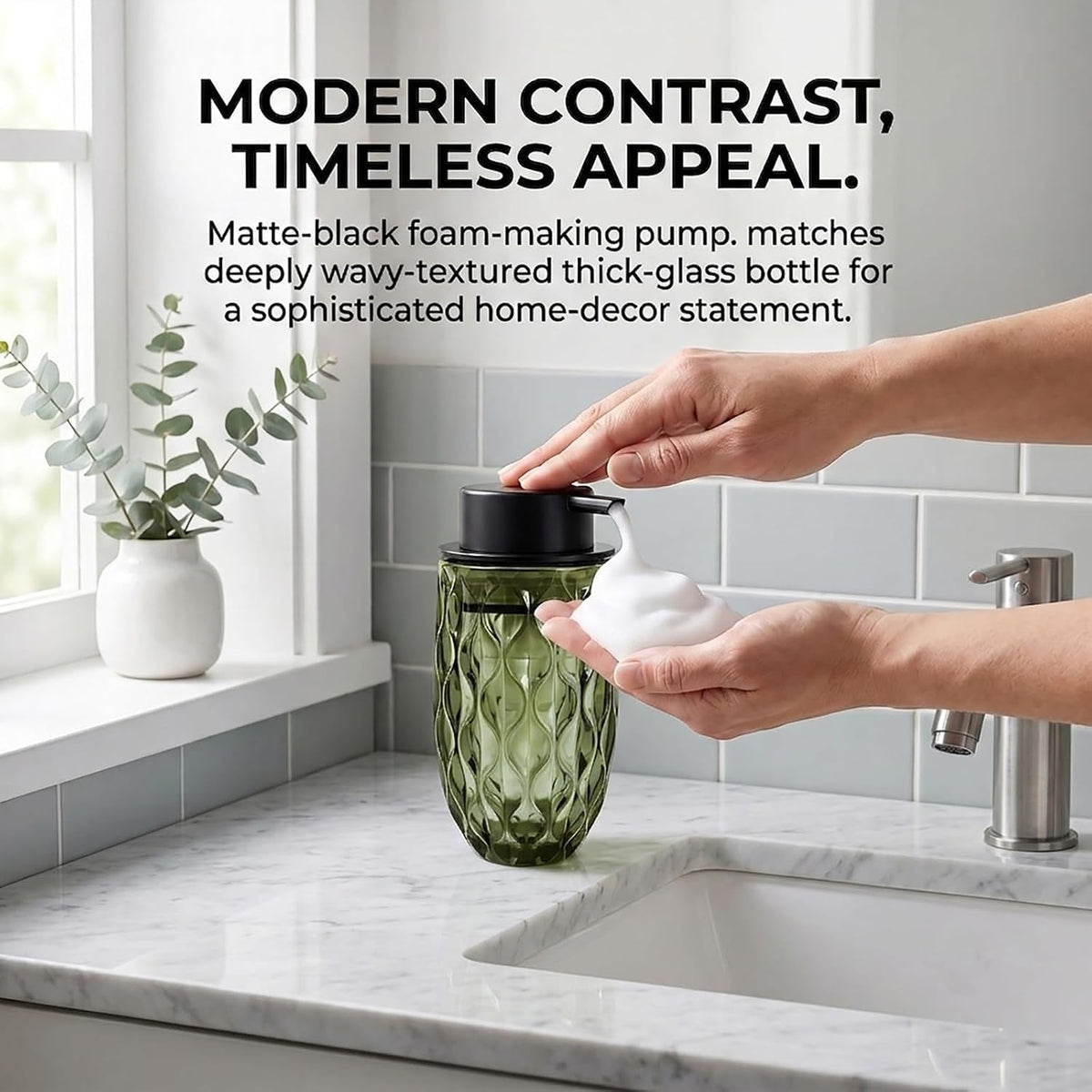 Foaming Hand Soap Dispenser, Green Wavy Glass Matte Black Pump Bath
