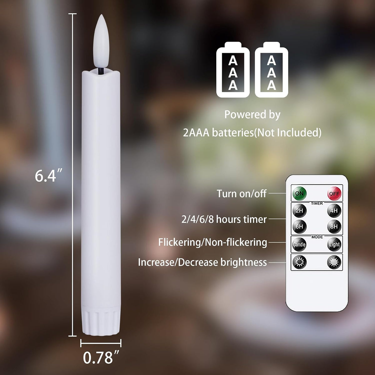 6.4 Inches Plastic LED Taper Candles with Remote and Timer,White Flameless Battery Operated Flickering Candlesticks,Pack of 6 Flameless 0.78” Diameter 3D-Wick Tall Window Candles,Long-Lasting
