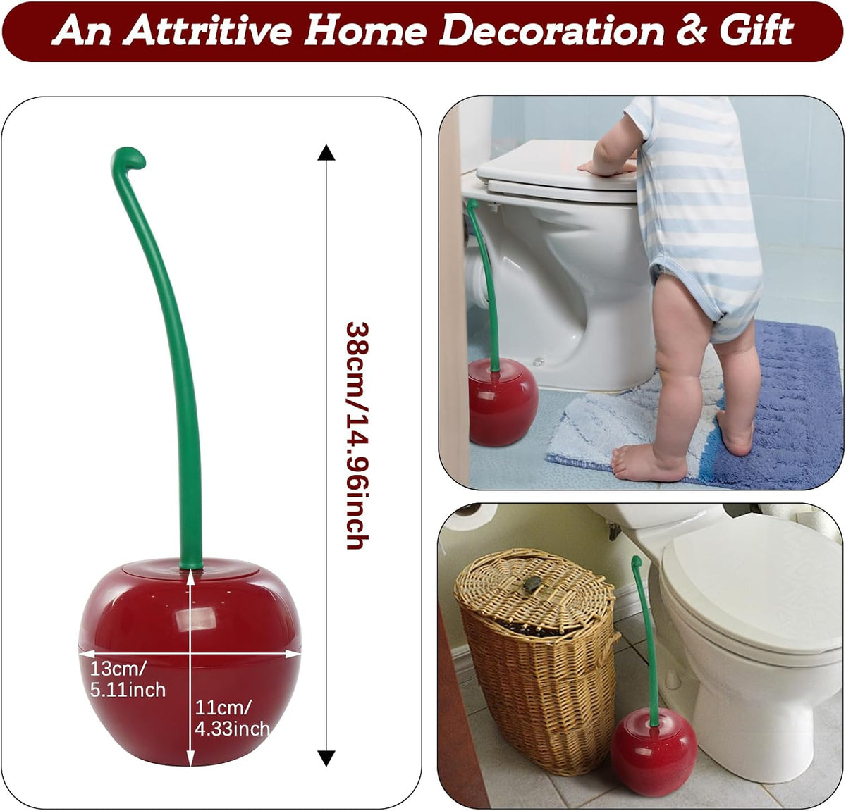 Cherry Toilet Brush with Holder Bowl&Long Handle, Bathroom Cleaning