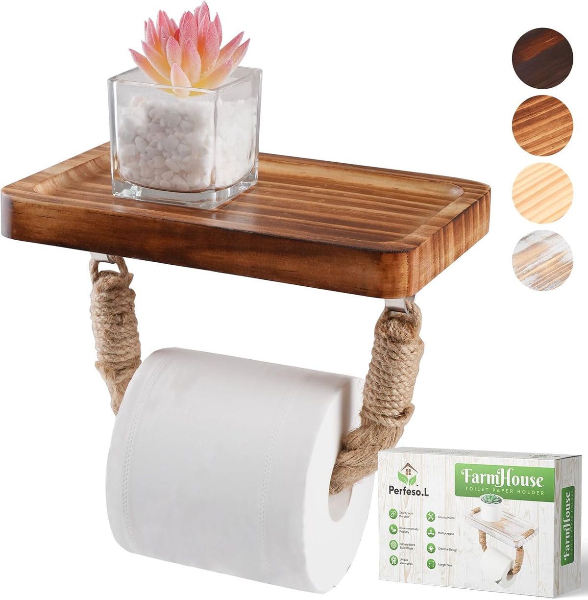 Toilet Paper Holder with Shelf Farmhouse Boho Rope Bathroom Decor