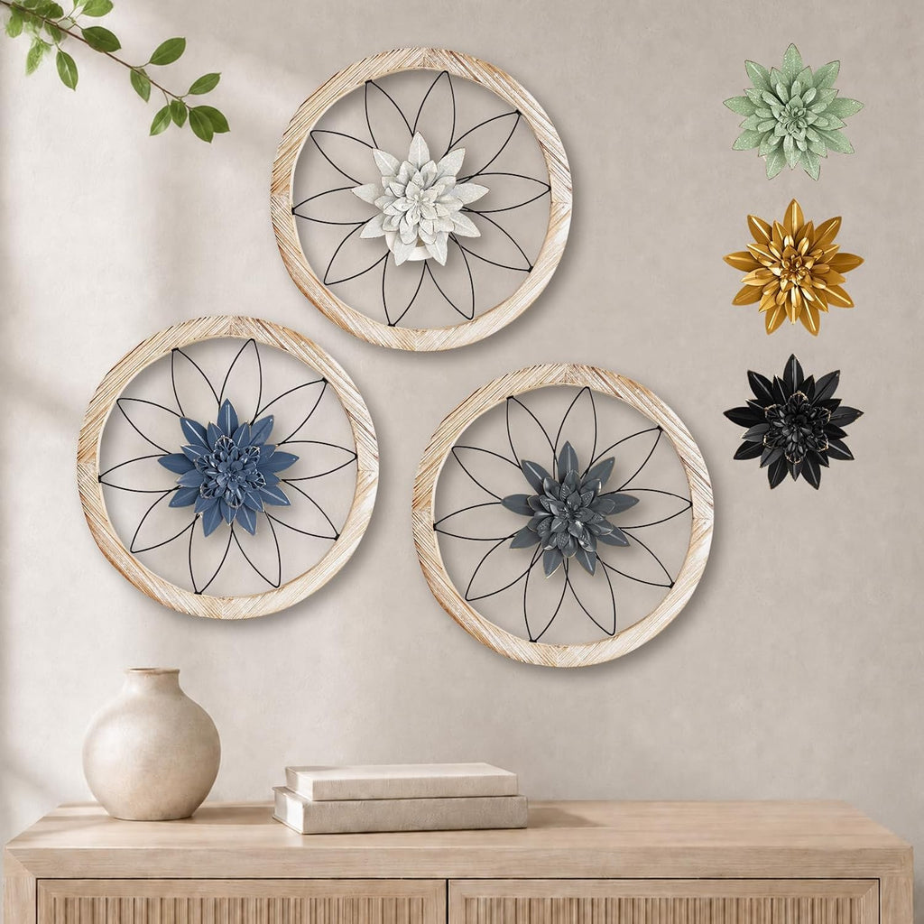 Paquesta 3 Piece Round Farmhouse Wall Decor with 6 Piece Interchangeable Flowers 15.75'' Medallion Wood & Metal Rustic Wall Art for Living Room Bedroom Kitchen Bathroom Dining Room Home Decorations (large black wheel)