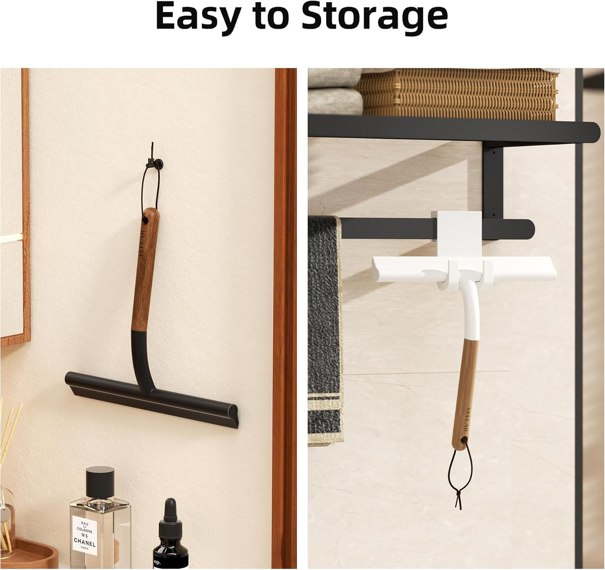 Shower Squeegee for Shower Glass, Bathroom Glass Cleaning Tool with Hook Mount, Squeegee for Glass Doors, Window Cleaning, Tile Shower Walls (Black+Wood)