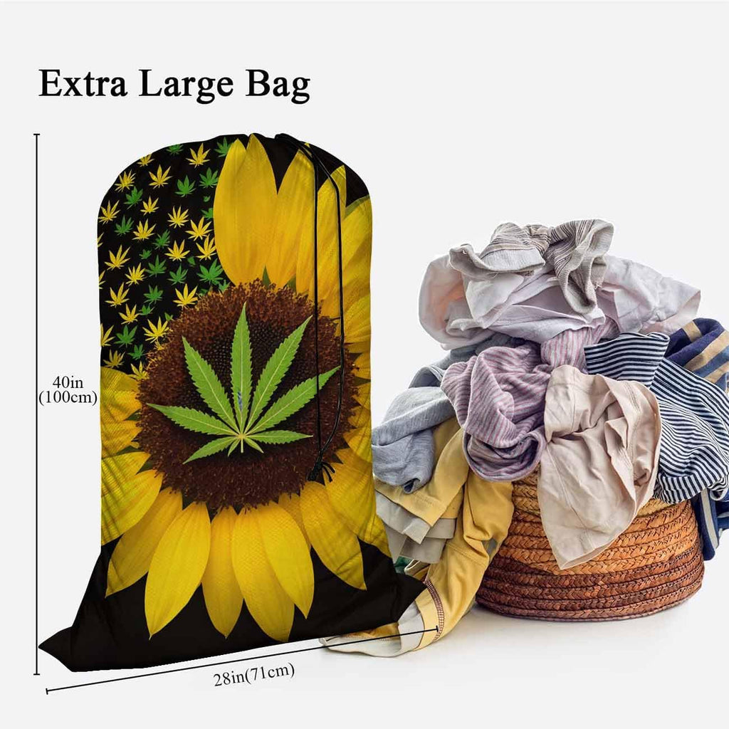 Swono Sunflower With Leaves Drawstring Portable Large Capacity Laundry Bags Summer Yellow Floral Blossom Travel Storage Bags for Apartments, Vacations, Home, 28x40 Inch