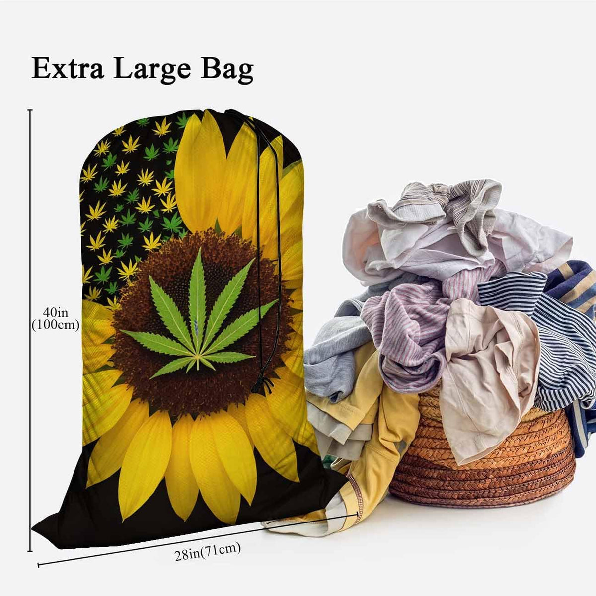 Swono Sunflower With Leaves Drawstring Portable Large Capacity Laundry Bags Summer Yellow Floral Blossom Travel Storage Bags for Apartments, Vacations, Home, 28x40 Inch