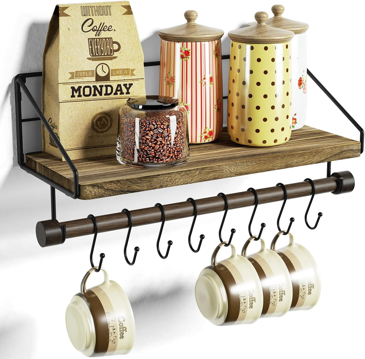 Alsonerbay Floating Shelf for Wall with Wooden Towel Bar, Carbonized Black